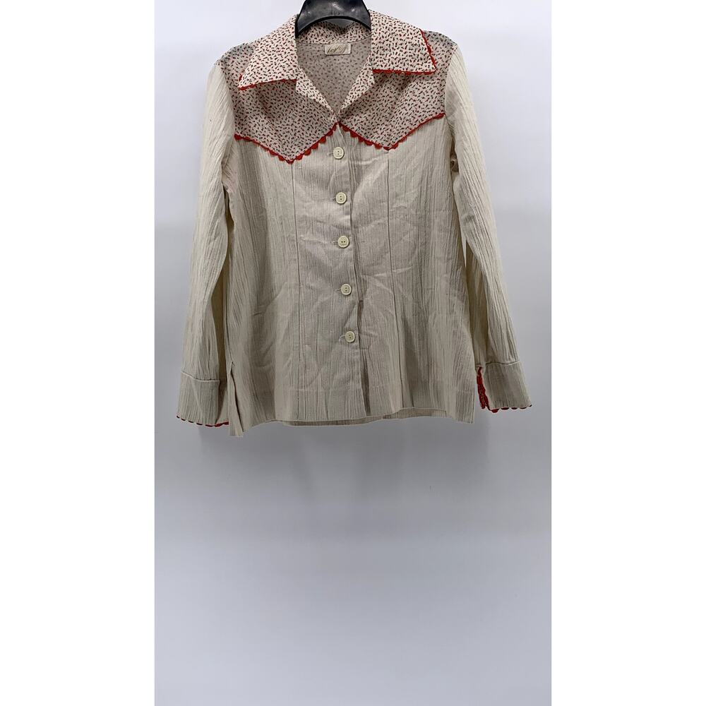 LE VOYA Women's Vintage Beige-Red Floral Print Button-Up Long Sleeve Top SZ S
